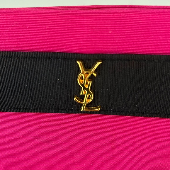 YSL Yves Saint Lauren Parfums Hot Pink Black Gold Grosgrain Clutch Authentic - Picture 3 of 12